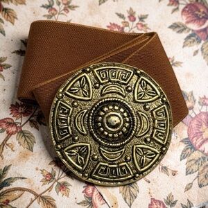 Vintage 80s Medallion Belt Gold Byzantine Statement Stretch Waist Greco Roman